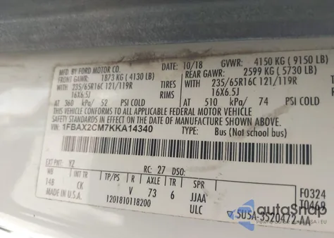 2019 Ford Transit Xlt из США, поврежденный, VIN 1FBAX2CM7KKA14340